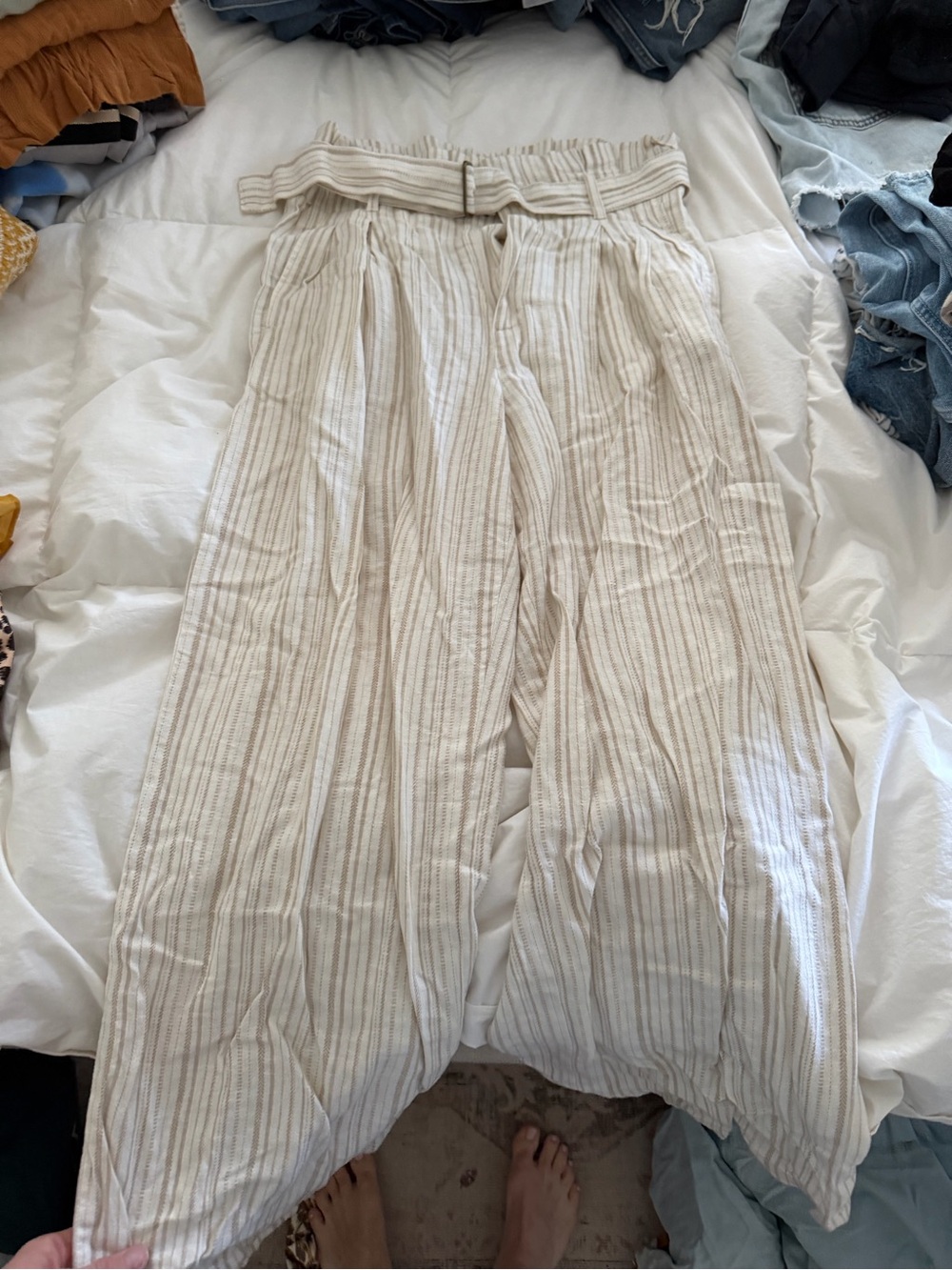 Banana Republic Wide-Leg Pants in Cream with Tan Stripe